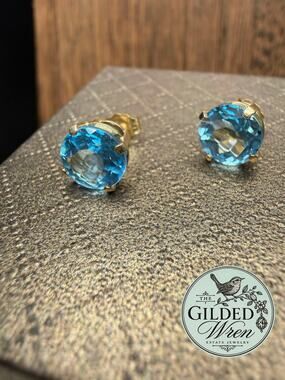 14K Gold Blue Topaz Stud Earrings 8mm Approx 4 CTW 1.98g